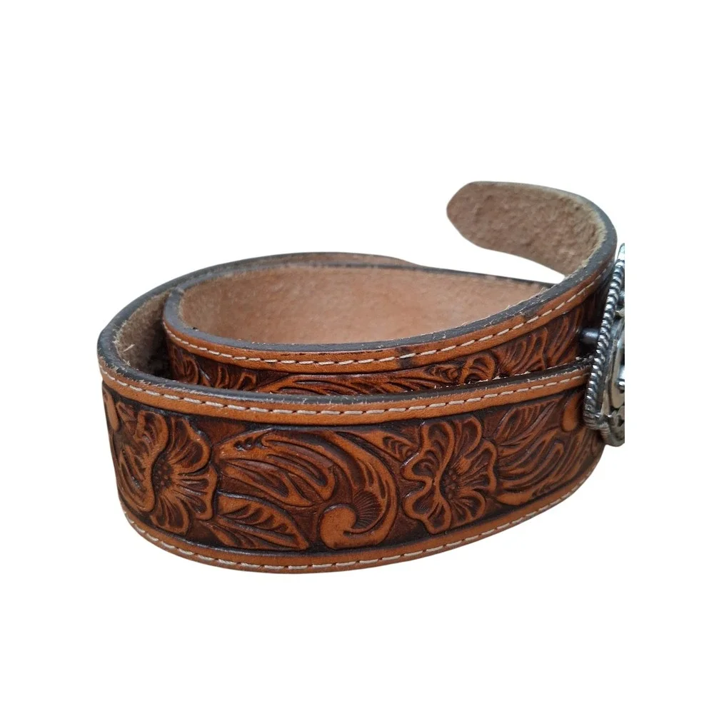 Justin Brown Tooled Leather Kids size 26 Little Trigger Western Belt & Buckle‎